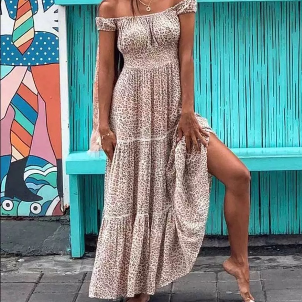 SOLD OUT Boho Leopard Off Shoulder Maxi Dress - Picture 1 of 9